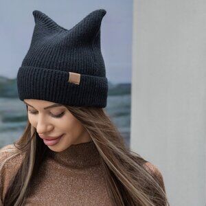 Cute Kitty Cat Ear Knitted Beanie Hat Black for Women